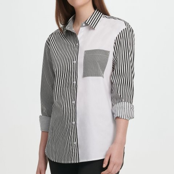 DKNY | Black & White Stripe Color-Block Button-Up - Picture 1 of 8